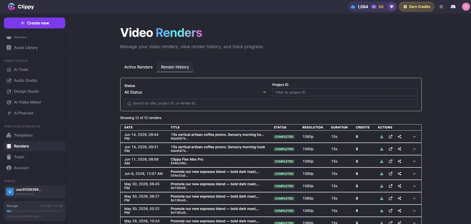 Video exports and renders list
